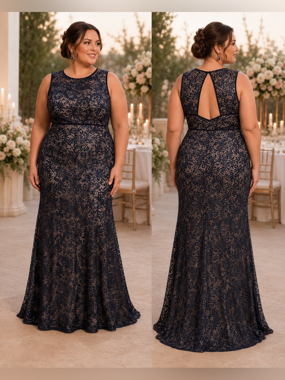 Plus Size Navy Lace Maxi Dress with Nude Lining - Picture 15 of 15